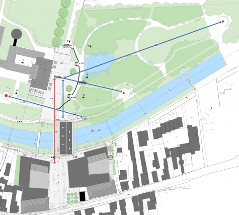 Die alten Blickachsen des Kurparks (blaue Pfeile) hier mit dem Plan der „Neuen Mitte“, in dem die Blickbeziehung vom Platz zum Kurhaus mit rotem Pfeil dargestellt ist... Die alten Blickachsen des Kurparks (blaue Pfeile) hier mit dem Plan der „Neuen Mitte“, in dem die Blickbeziehung vom Platz zum Kurhaus mit rotem Pfeil dargestellt ist...