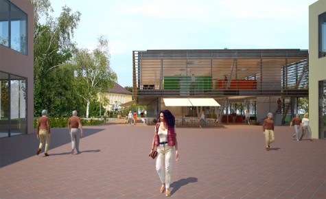 Maßstäbliche Computervisualisierung mit Blick auf Mediathek und Kurhaus im Hintergrund Maßstäbliche